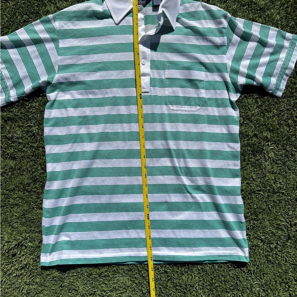 Vintage Men’s Green and White Striped Polo Shirt - Picture 2 of 4